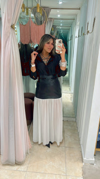 Black Pu Leather & Chiffon Combo Maxi Skirt