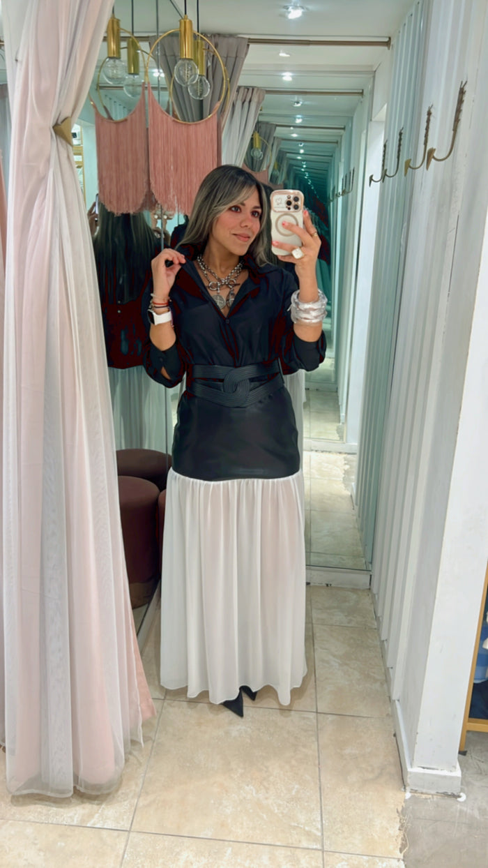 Black Pu Leather & Chiffon Combo Maxi Skirt