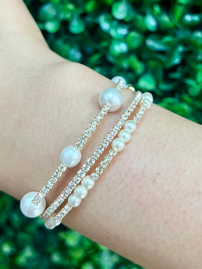 Pearl Multi Crystal and Beads Open Bracelet Set