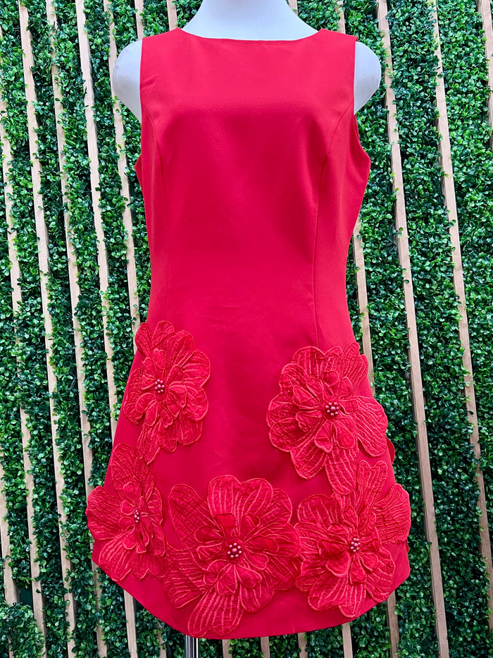 Beautiful Red Organza Flower Short Dress