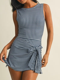Navy Gingham Tie-Front Active Romper with Skirt Overlay