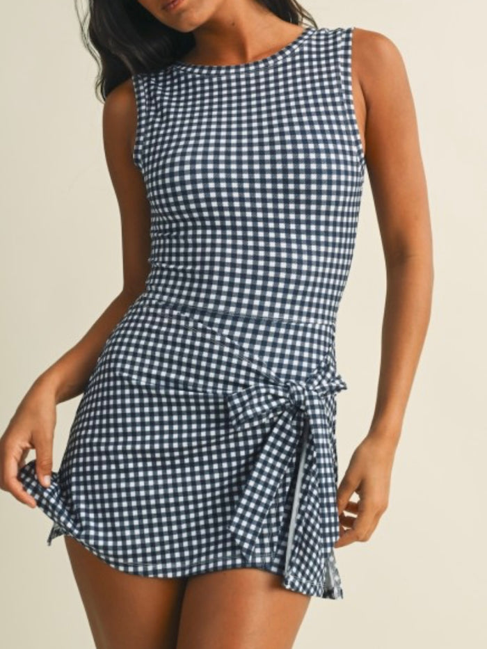Navy Gingham Tie-Front Active Romper with Skirt Overlay