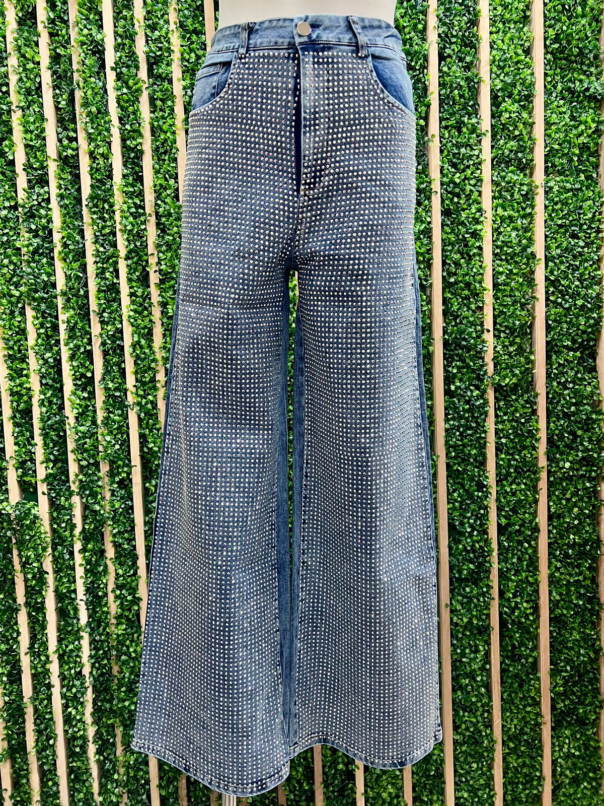 Wide Leg Crystal Studded Denim