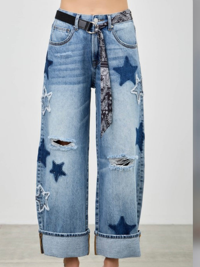 Star Patch Curved Barrel Jeans