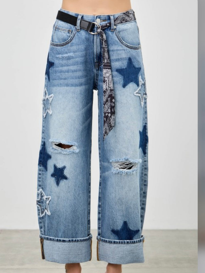 Star Patch Curved Barrel Jeans