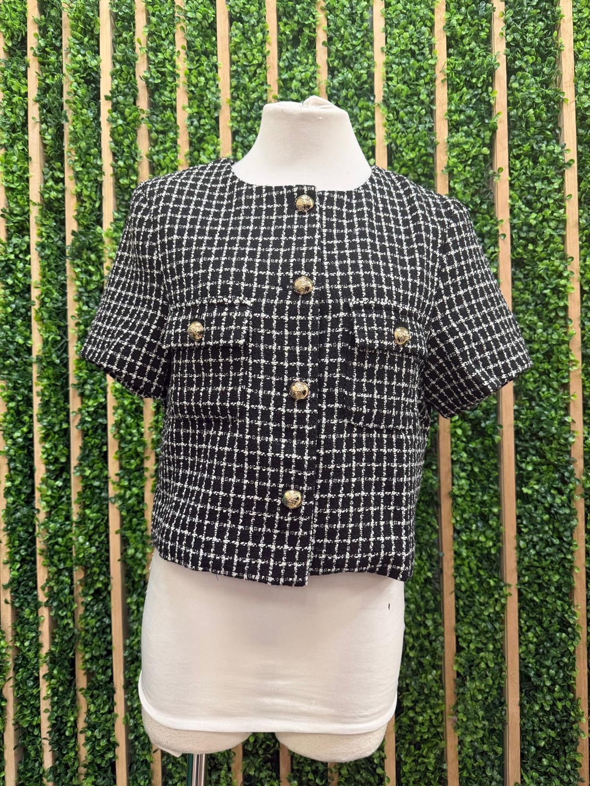 Black & White Tweed Button Front Top with Gold Buttons
