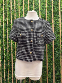 Black & White Tweed Button Front Top with Gold Buttons
