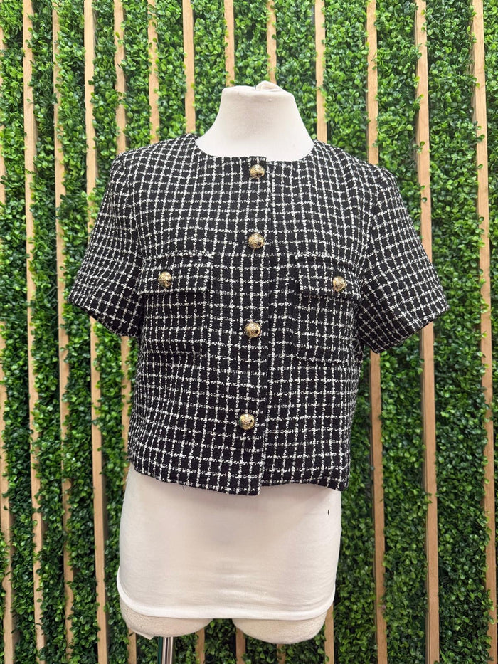 Black & White Tweed Button Front Top with Gold Buttons