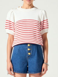 Button Detail Off White Red Stripe Blouse