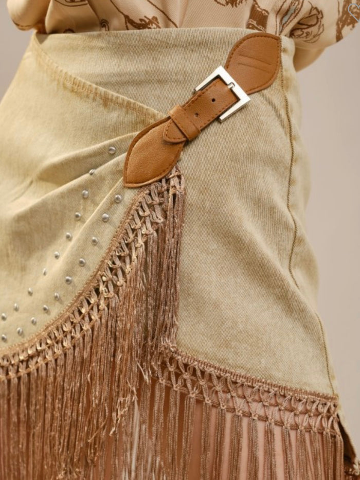 Camel Denim Fringe Wrap skirt