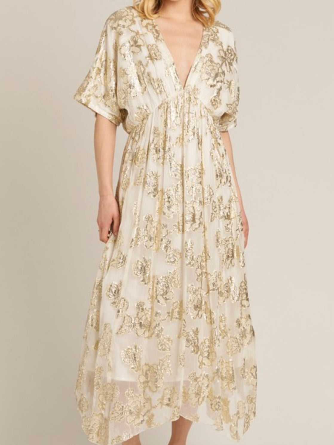 Ivory Gold Embroidered V Neck Maxi