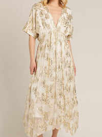 Ivory Gold Embroidered V Neck Maxi