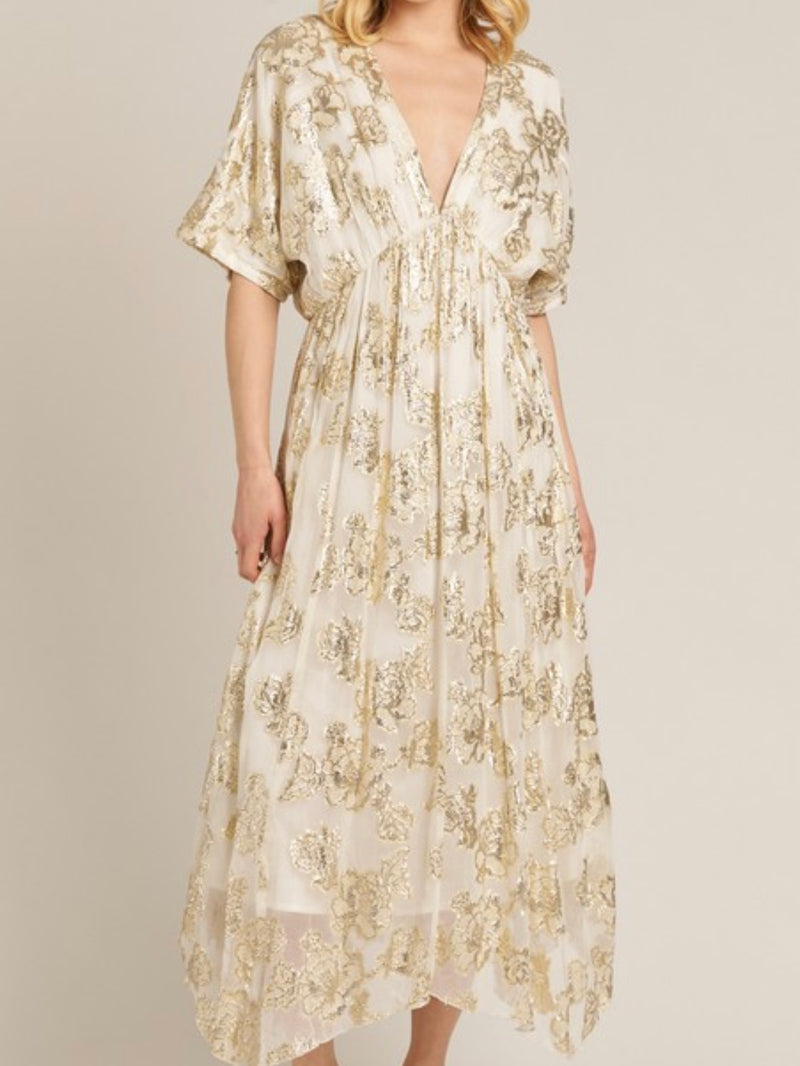 Ivory Gold Embroidered V Neck Maxi