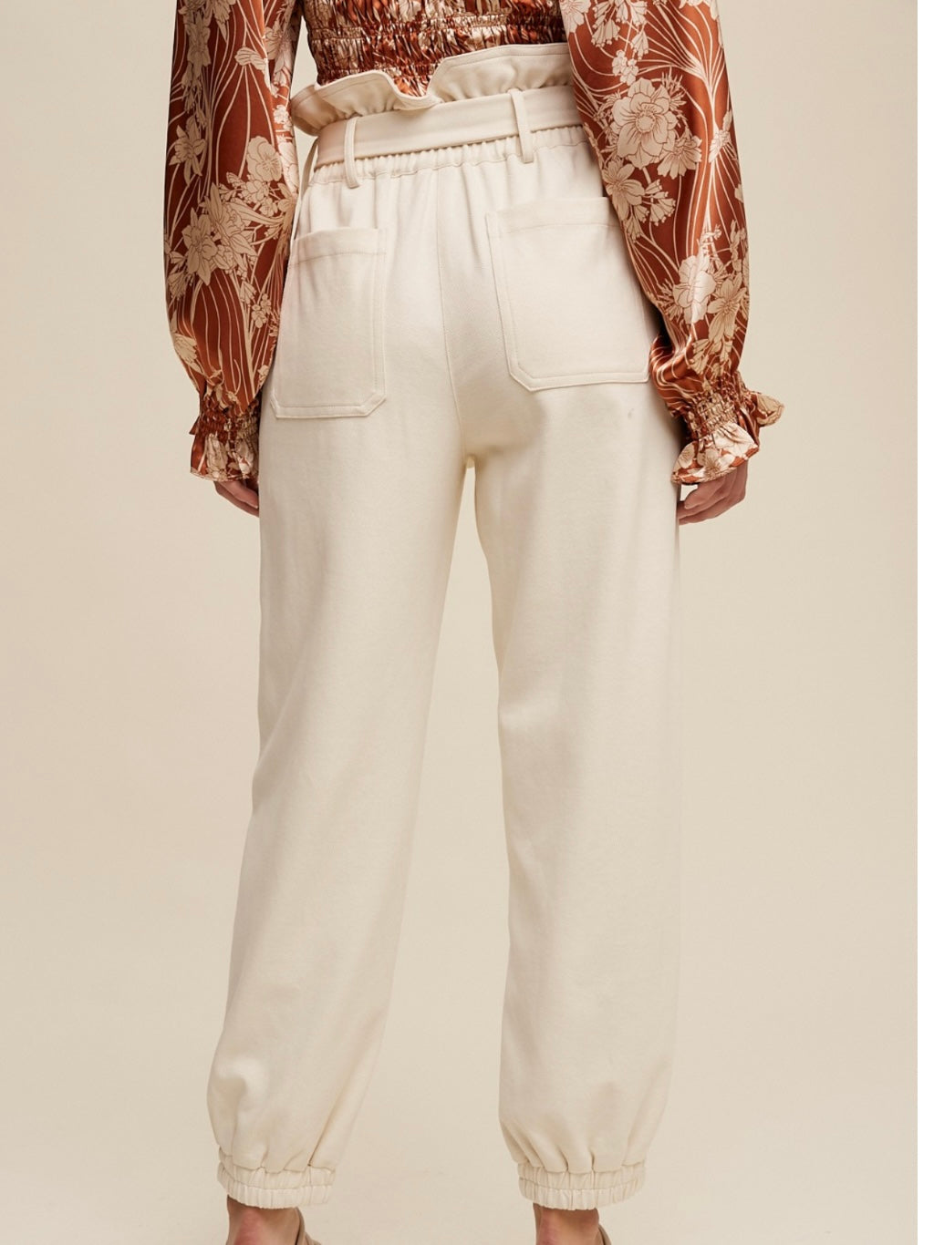 Cream Cinched Waist Denim Jogger