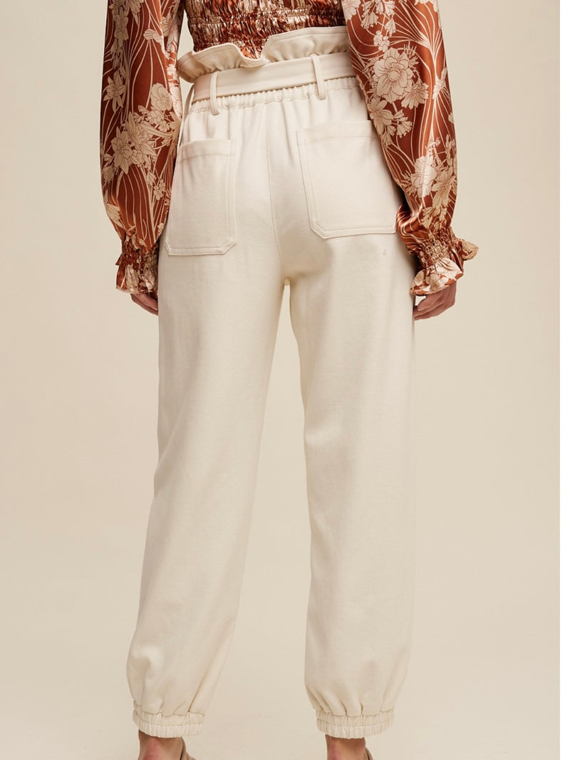 Cream Cinched Waist Denim Jogger