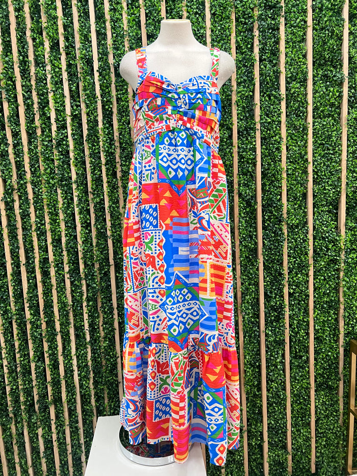 Red Blue Floral Cross Back Maxi Dress