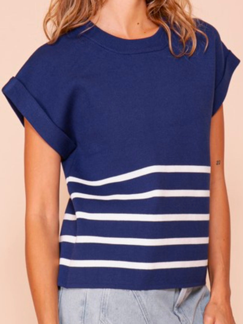 Navy Ivory Roll Up Stripe Sweater