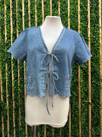 Denim Front Tie Embroidered Short Sleeve Vest