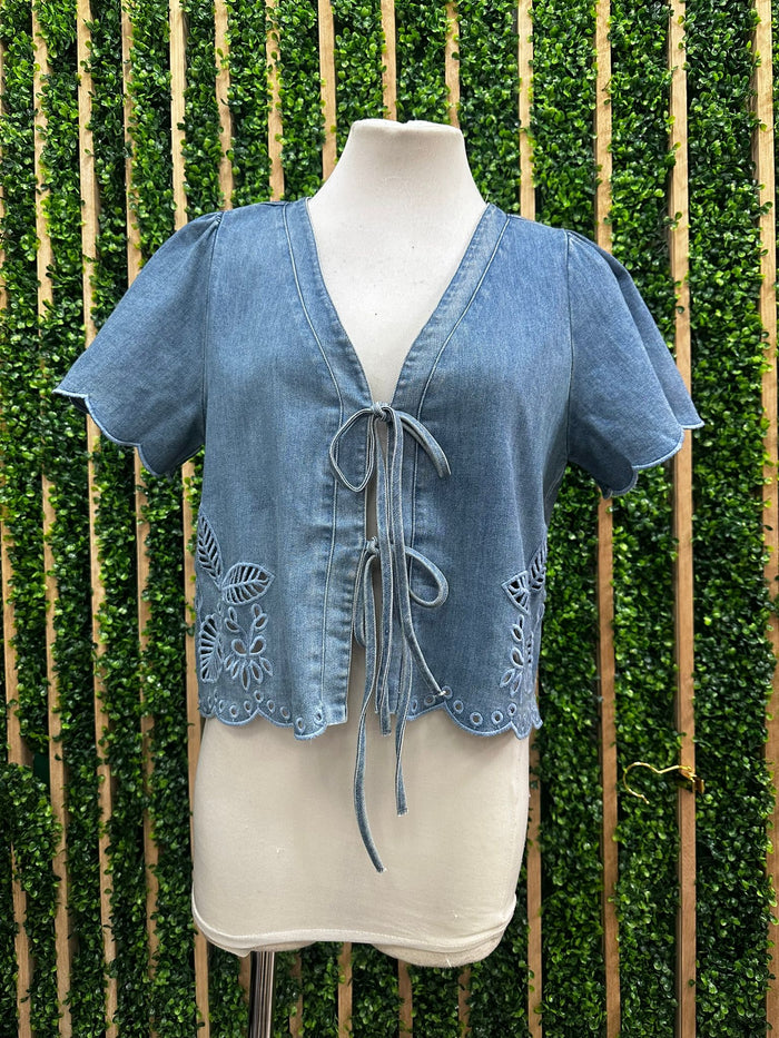 Denim Front Tie Embroidered Short Sleeve Vest