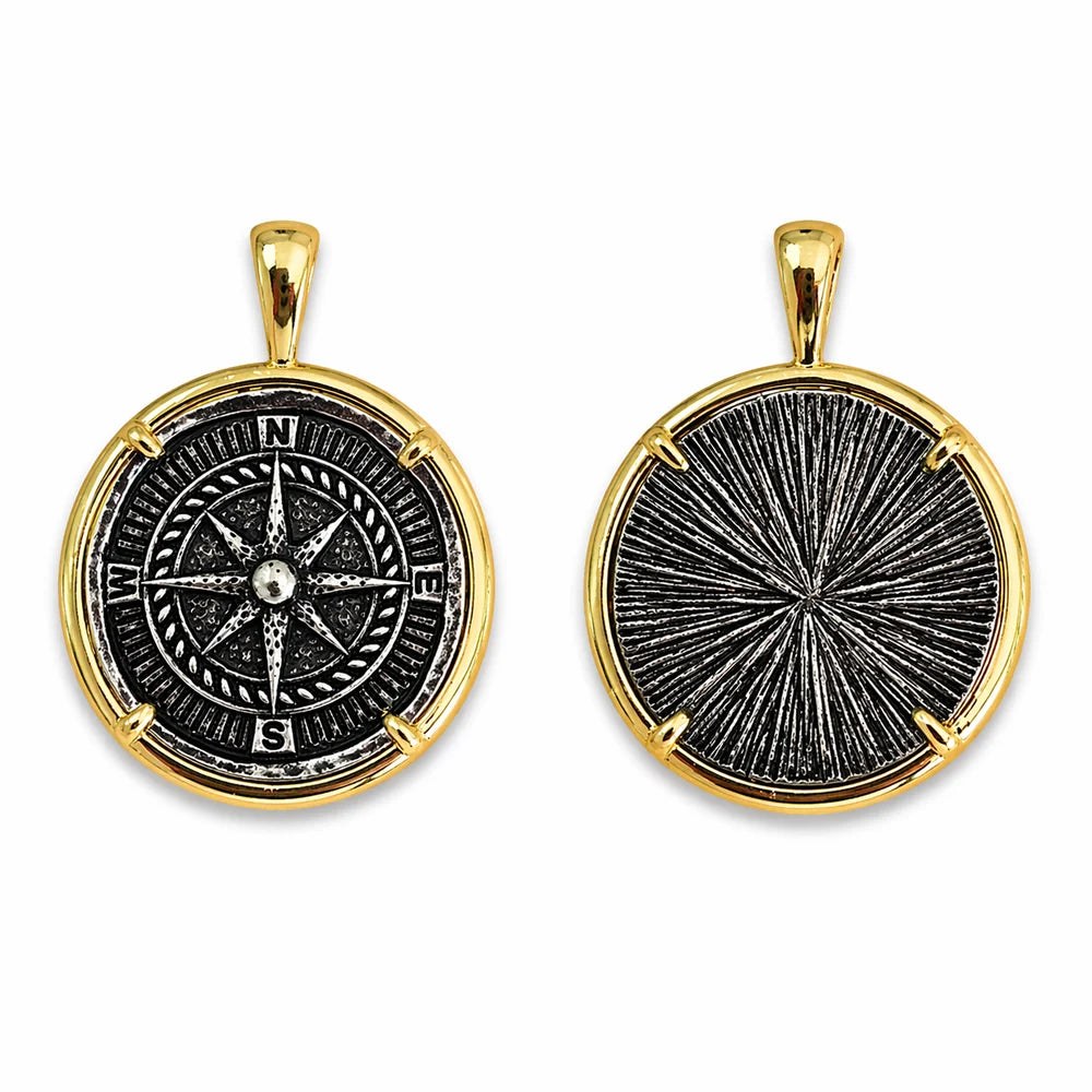 SJ Two-Tone Compass Pendant Cord Necklace
