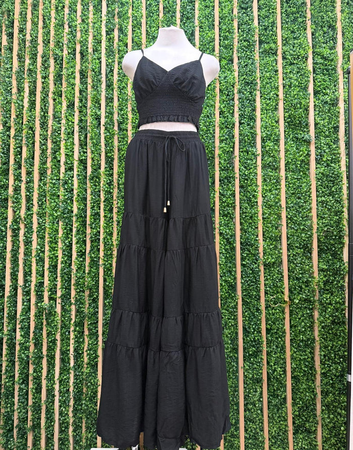 Black Smocked Crop Top & Tiered Palazzo Set