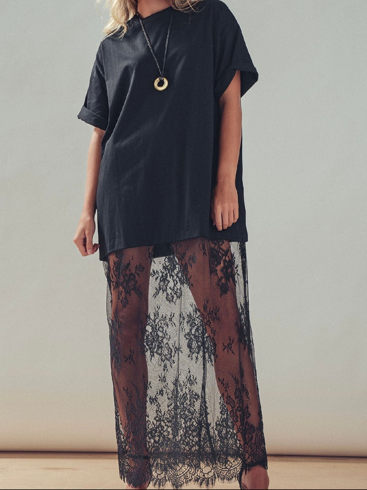 Sheer Lace Layered Shirt Dress