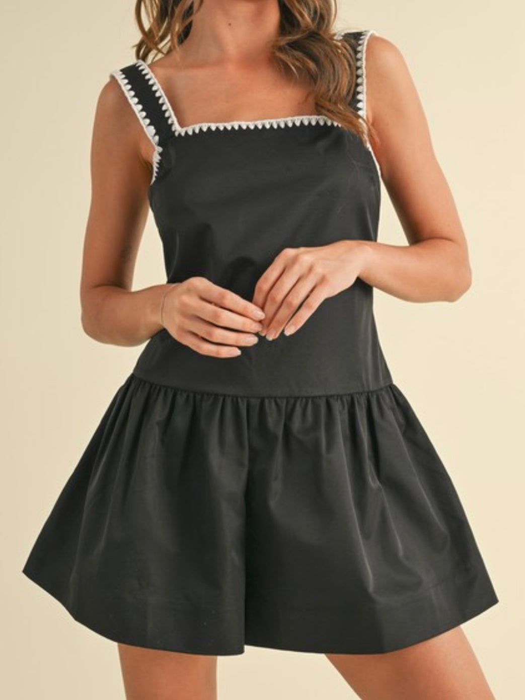 Stitch Trim Square Neck Drop Waist Romper