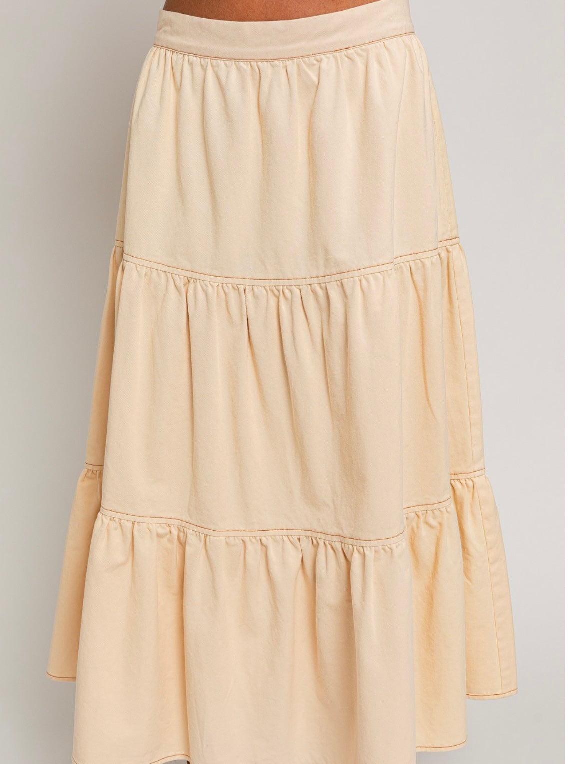 Cream Tiered Denim Midi Skirt