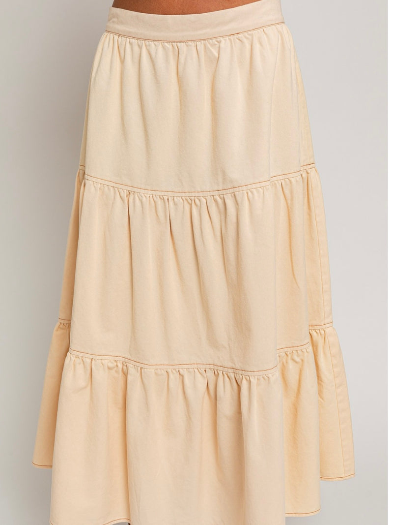 Cream Tiered Denim Midi Skirt