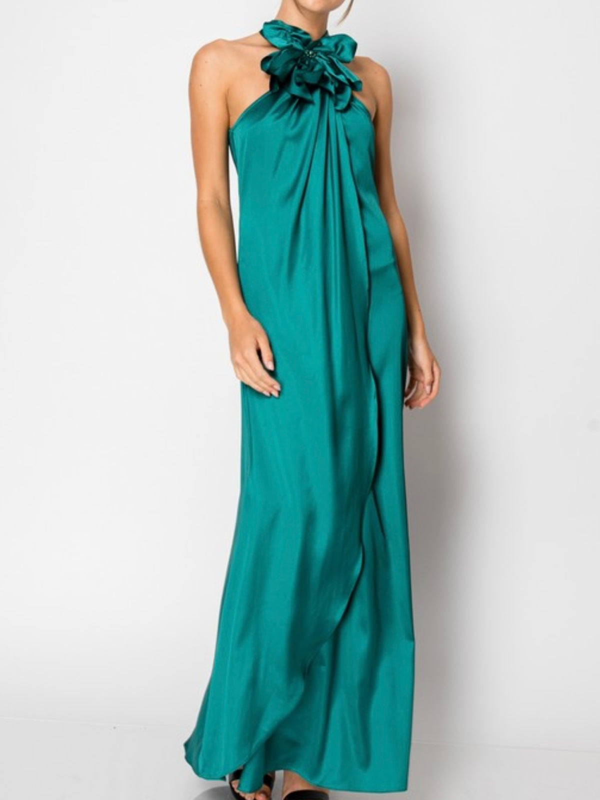 Beautiful Green Satin Floral Wrap Maxi Dress