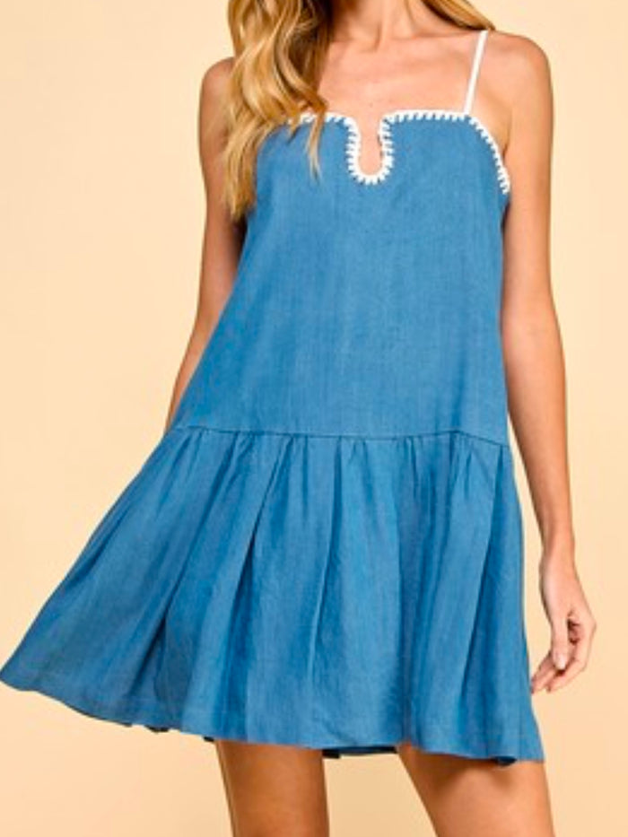 Denim Cutout Front White Stitch Detail Drop Waist Short Dress (Copy)