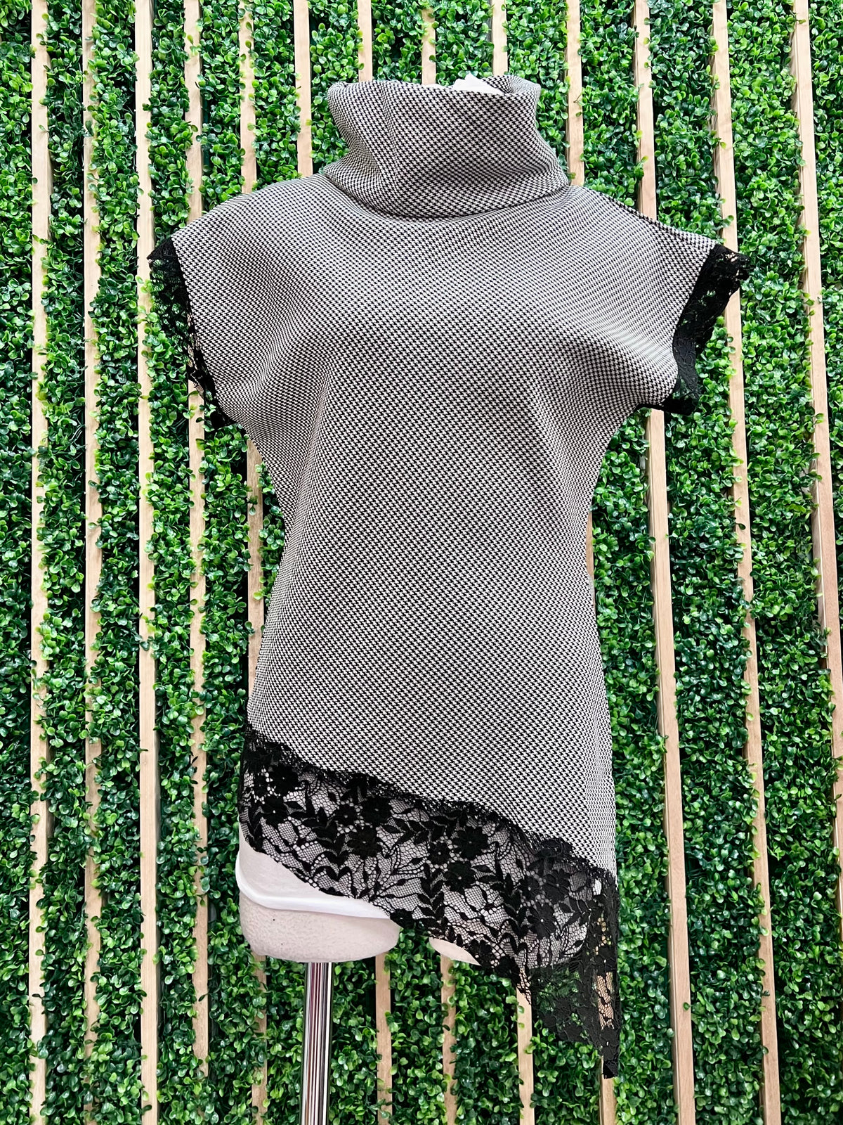 Black Houndstooth Lace Detail High Neck Top