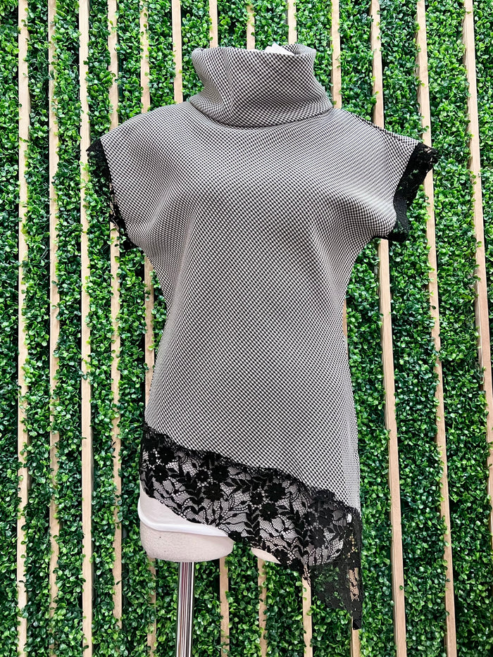 Black Houndstooth Lace Detail High Neck Top