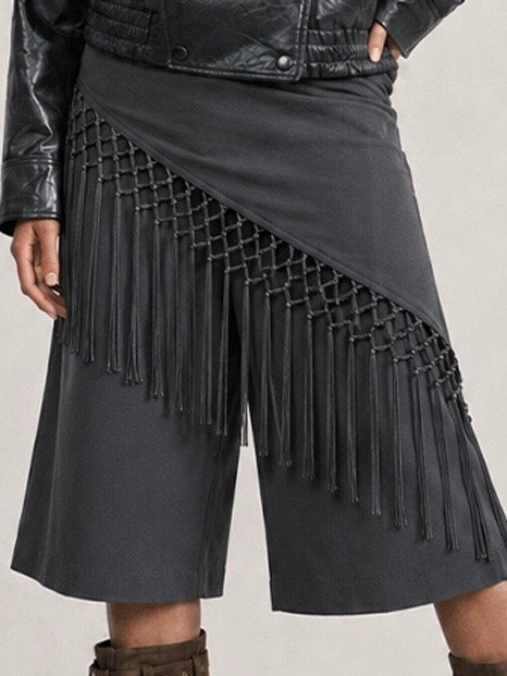 Charcoal Fringe Overlay Culotte Pants