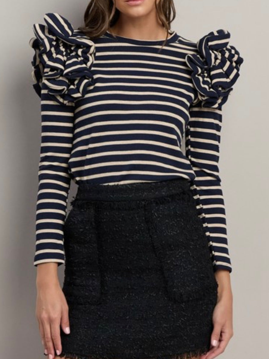 Ruffle Detailed Navy Oatmeal Stripe Blouse