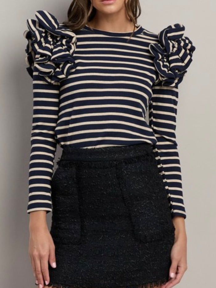 Ruffle Detailed Navy Oatmeal Stripe Blouse