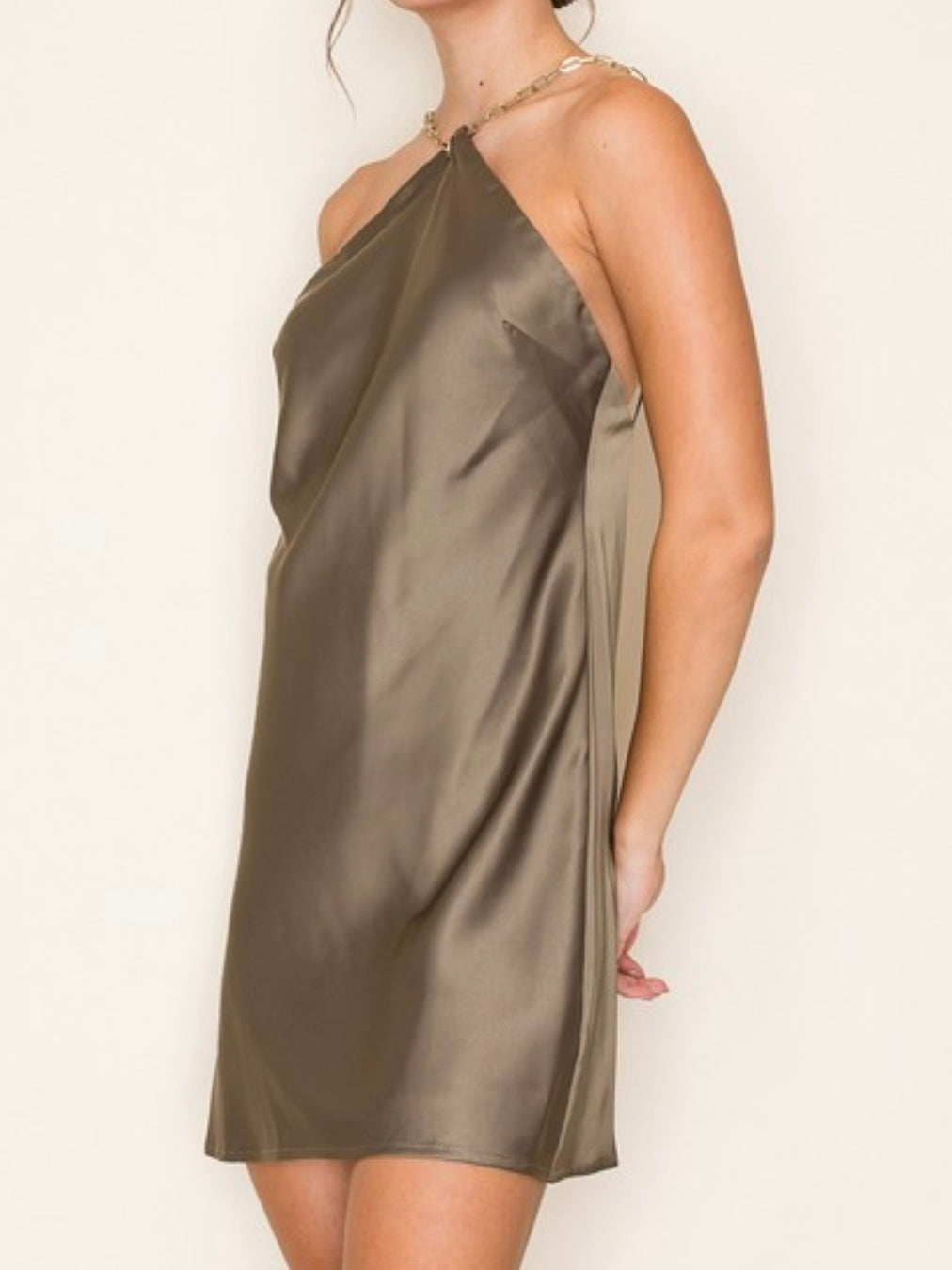 Dark Olive Halter Neck Satin Short Dress