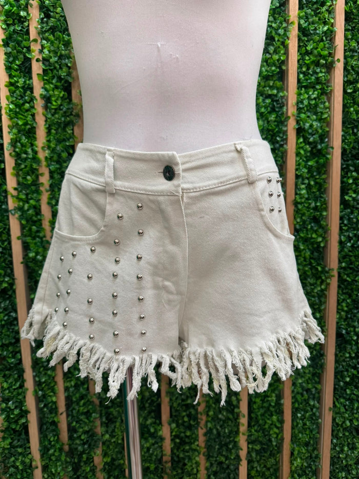 Beige Studded Denim Shorts