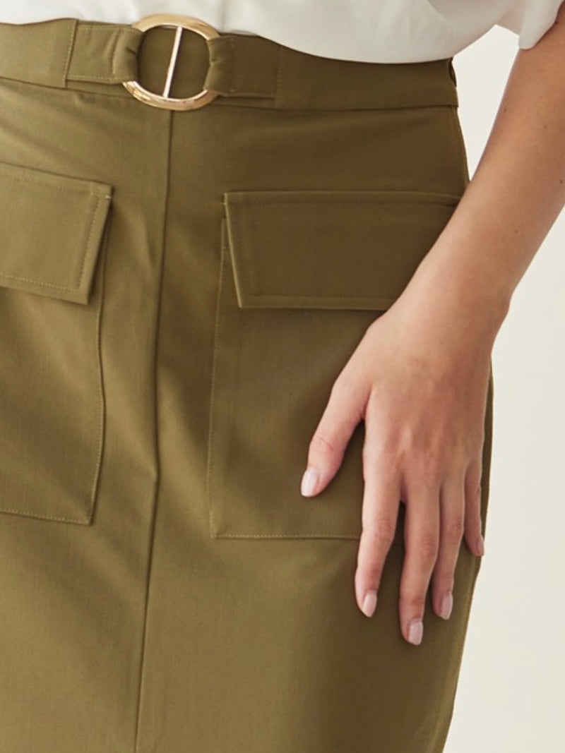 Olive High Waist Pocket Detail Midi Skirt