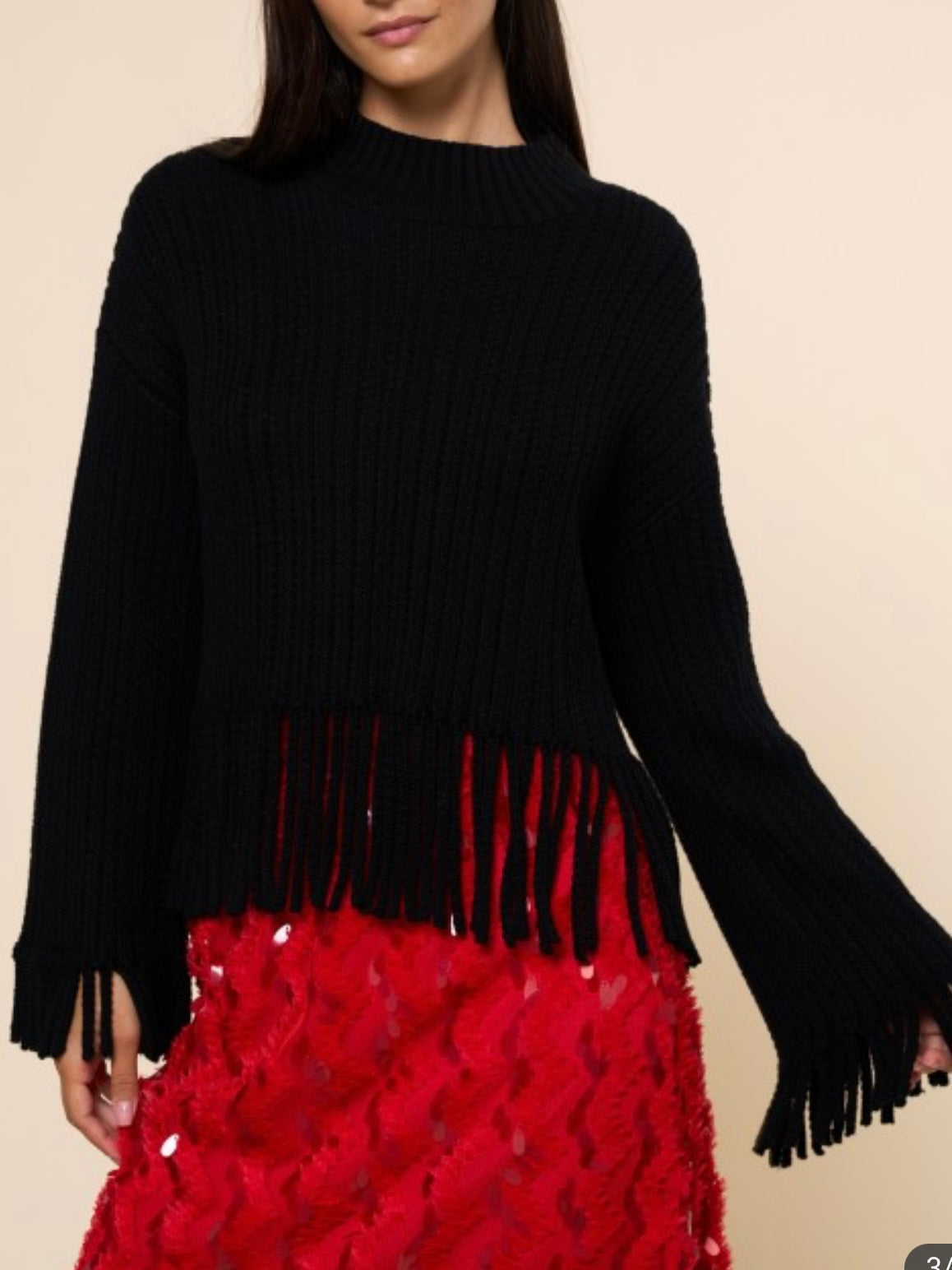 Black Tassel Trim Furry Sweater