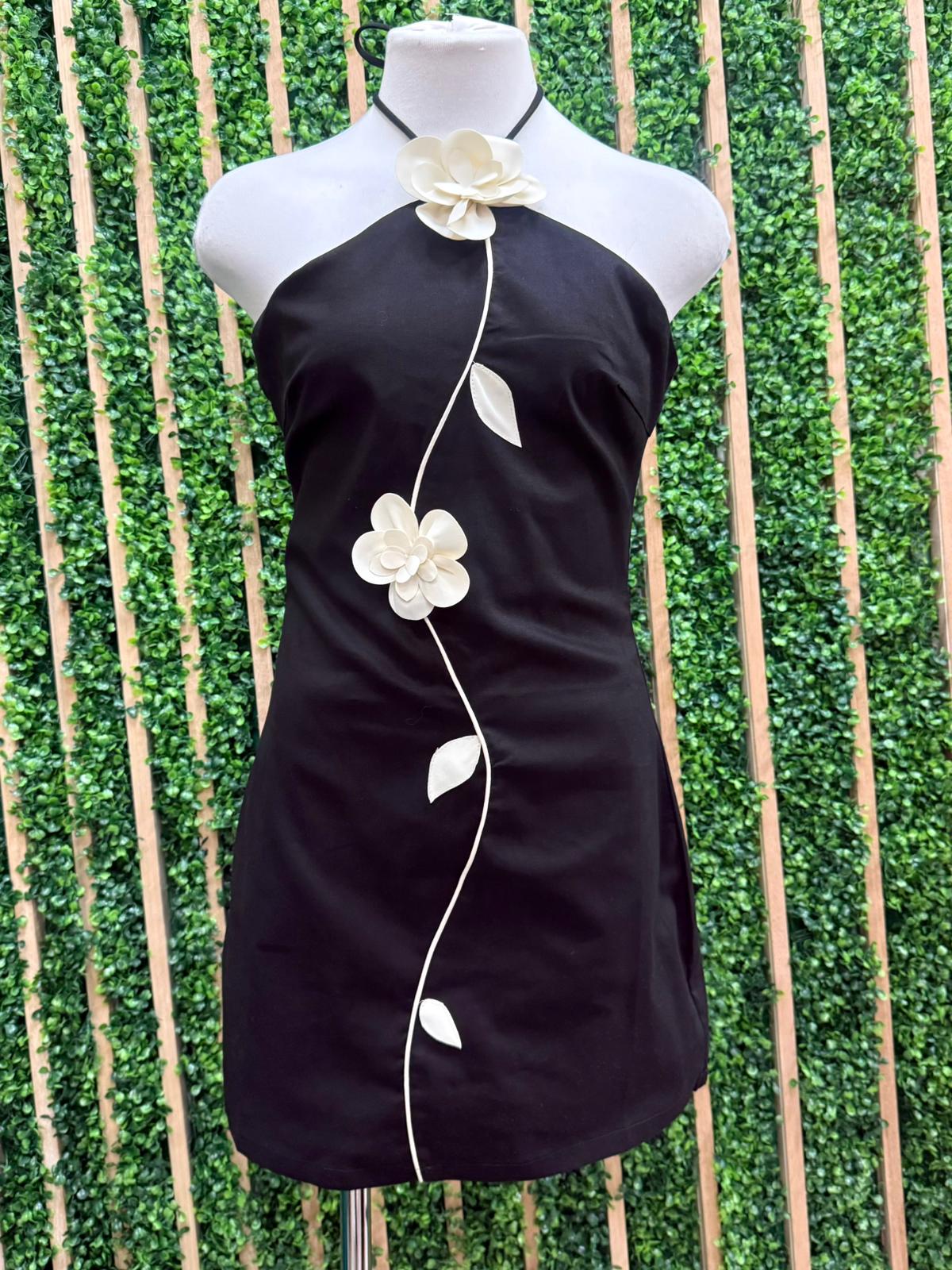 Black Floral Appliqué Halter Mini Dress