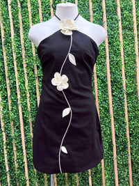 Black Floral Appliqué Halter Mini Dress