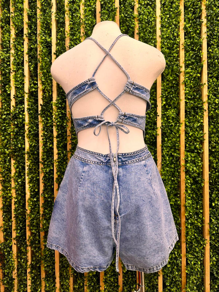 Lace Up Back Denim Bustier Romper
