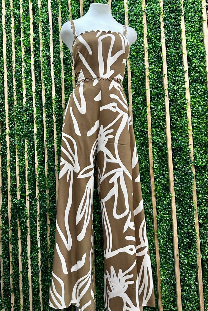 Beautiful Abstract Floral Cutout Mocha Jumpsuit