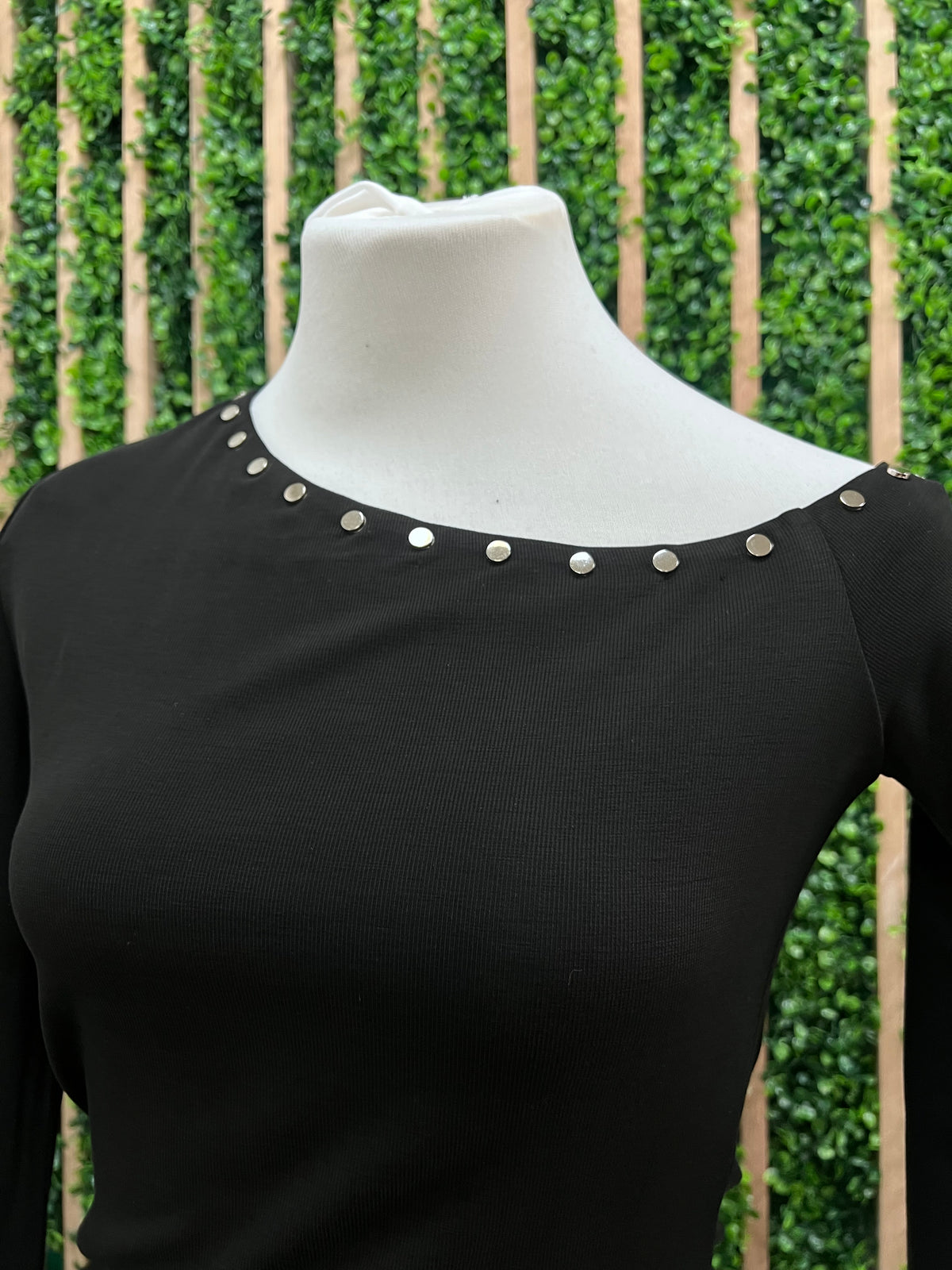 Black One Shoulder Stud Detail Knit Long Sleeve Top