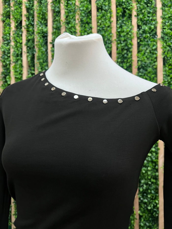 Black One Shoulder Stud Detail Knit Long Sleeve Top