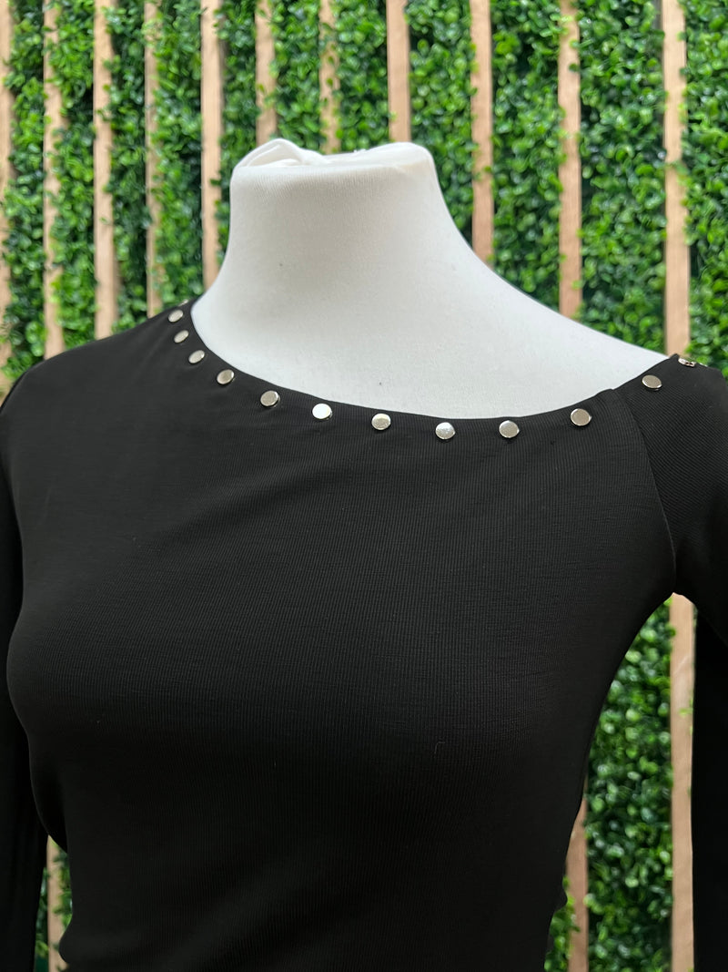 Black One Shoulder Stud Detail Knit Long Sleeve Top