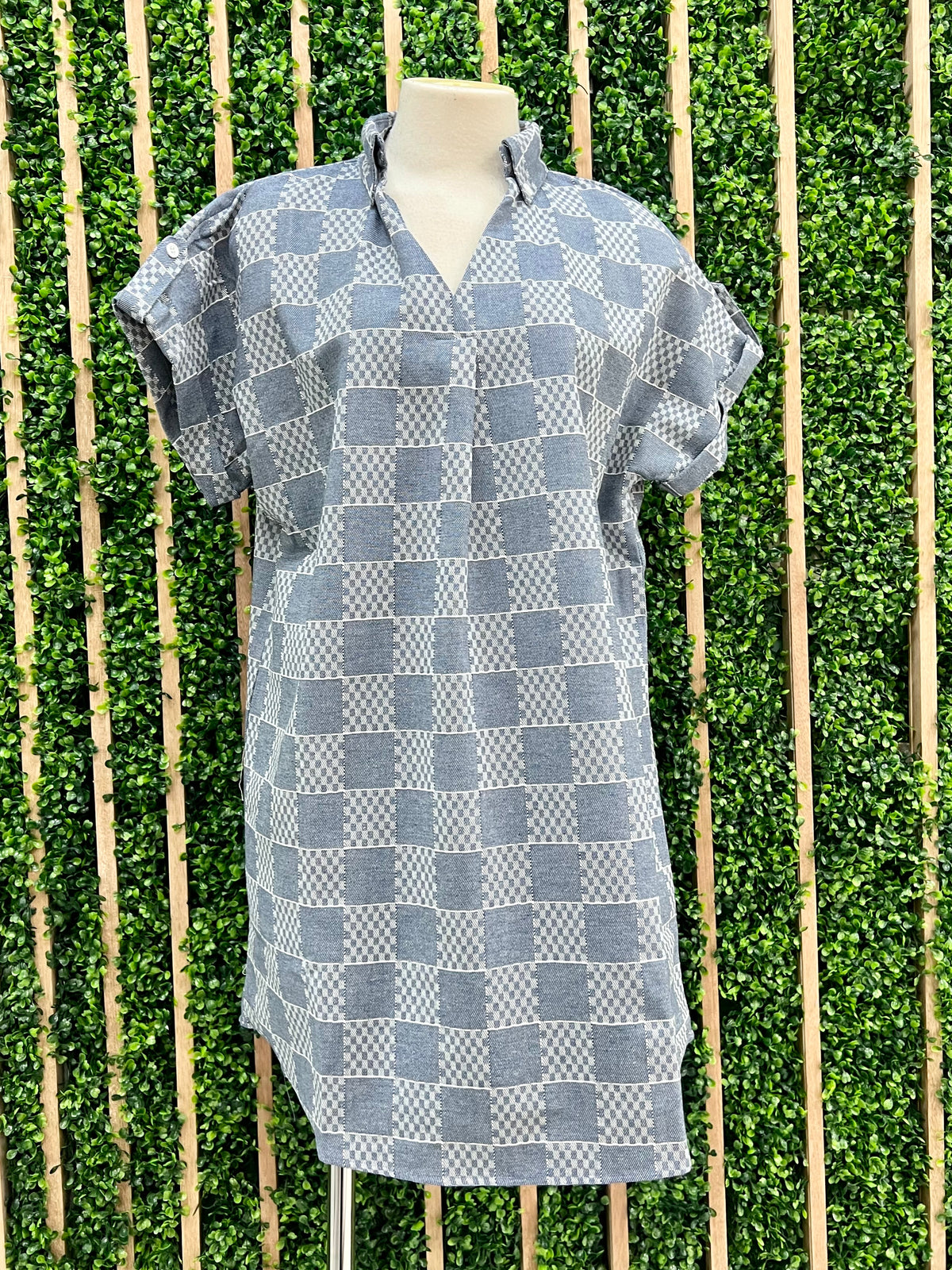 BLue Denim Checkered Short Dress