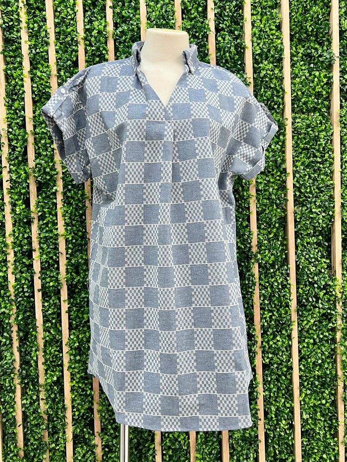 BLue Denim Checkered Short Dress