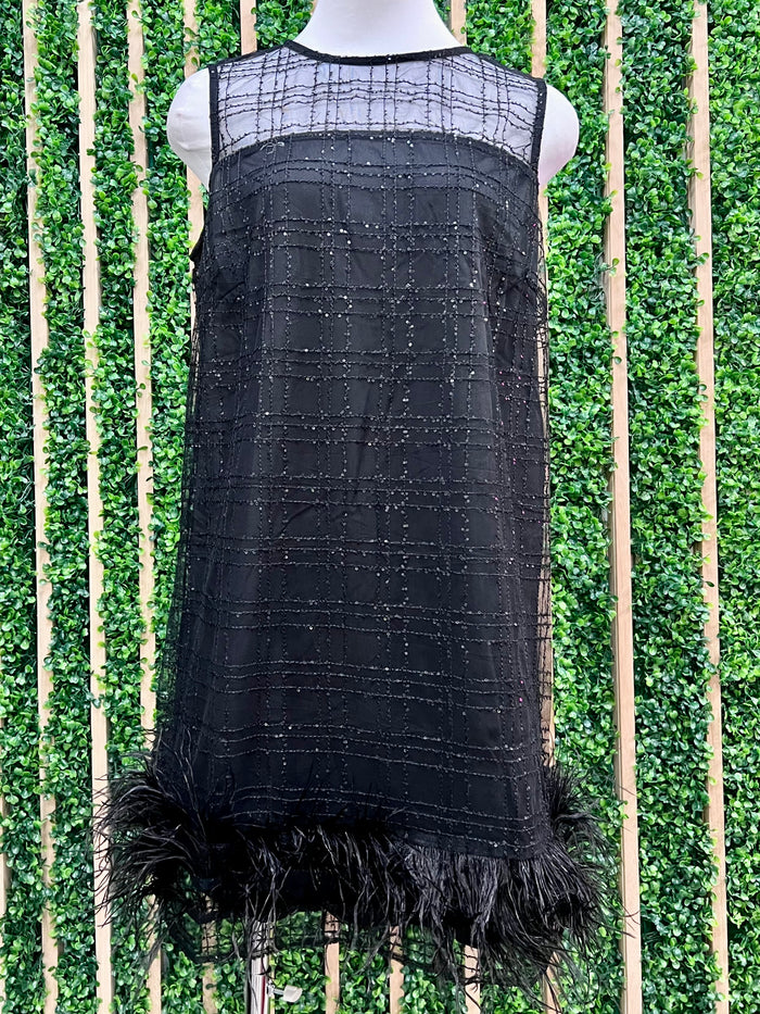 Black Feather Tweed Party Dress